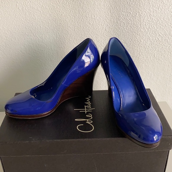 Cole Haan Blue Patent Leather Platform Wedge Heels Size 7 - Picture 4 of 12